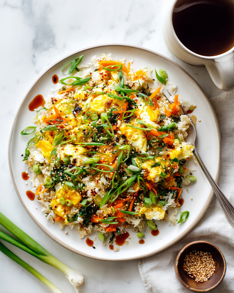 Delicioso arroz frito hibachi con verduras frescas y salsa de soya