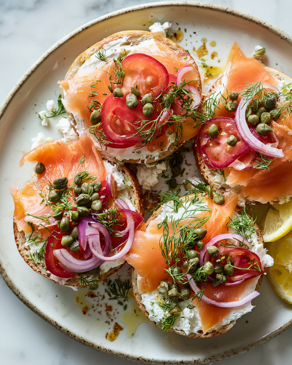 Delicioso bagel con lox, crema de queso y verduras frescas, perfecto para brunch.