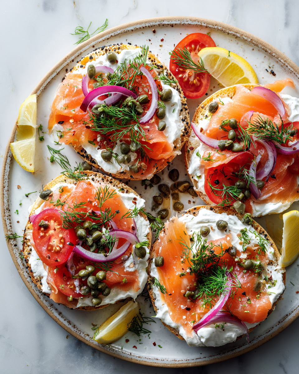 Delicioso Bagel con Lox y Crema de Queso Delicioso bagel con lox, crema de queso y verduras frescas, perfecto para brunch.