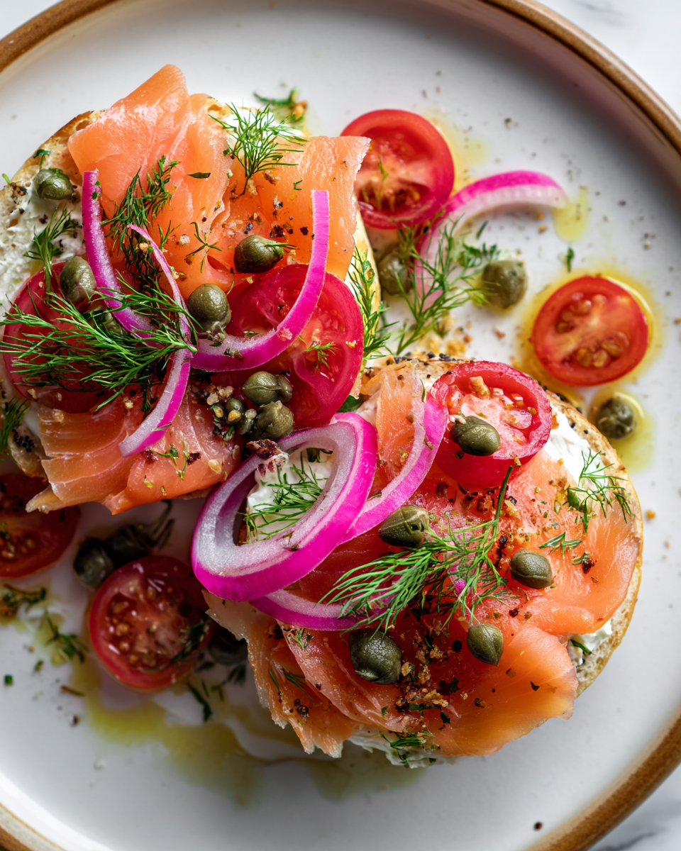 Delicioso Bagel con Lox y Crema de Queso Delicioso bagel con lox, crema de queso y verduras frescas, perfecto para brunch.