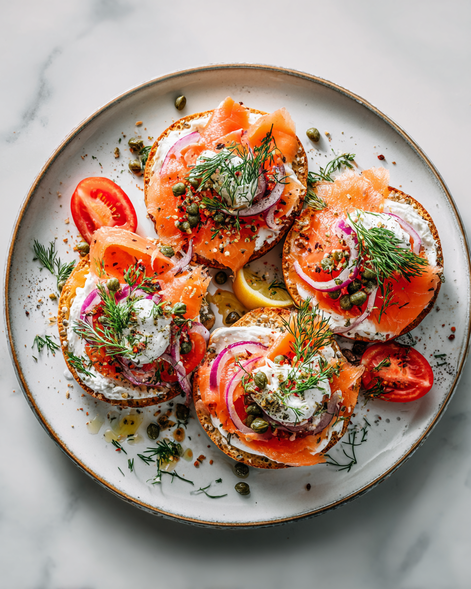 Delicioso Bagel con Lox y Crema de Queso Delicioso bagel con lox, crema de queso y verduras frescas, perfecto para brunch.