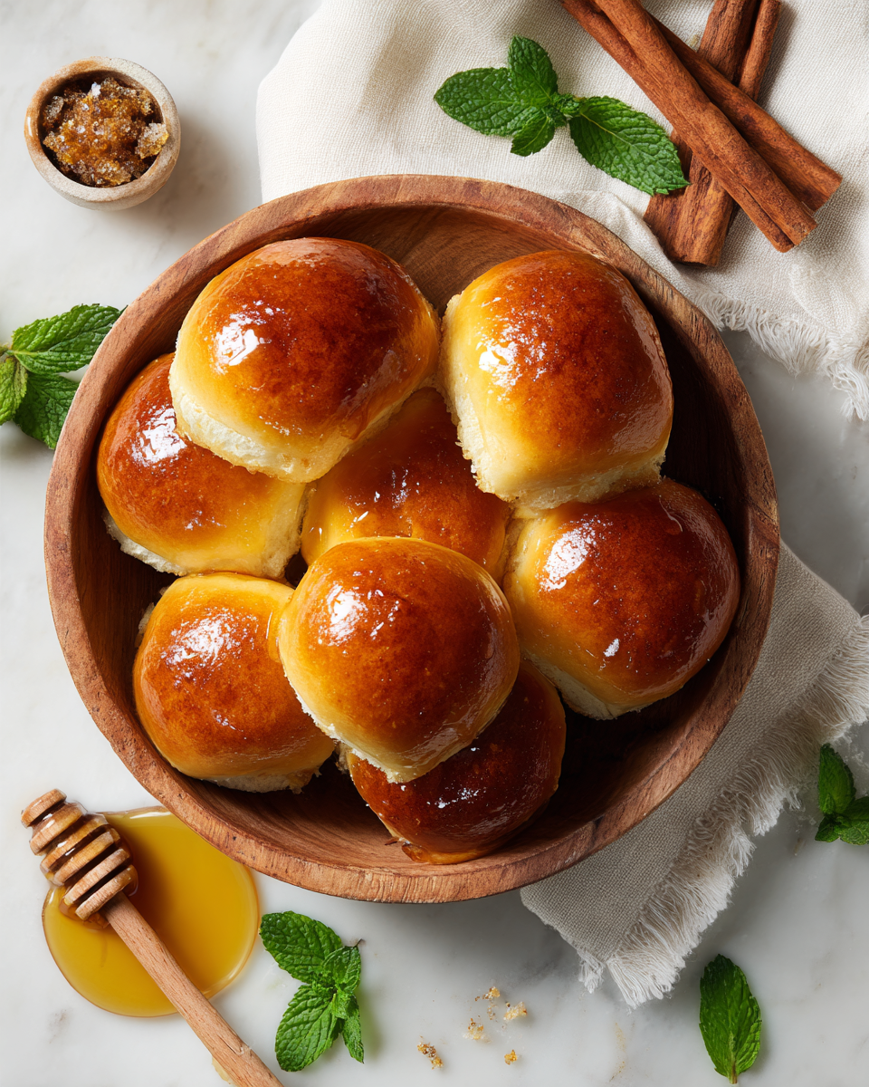 Deliciosos Bollos de Miel Fáciles para Compartir Bollos de miel recién horneados, perfectos para compartir en familia durante las fiestas.