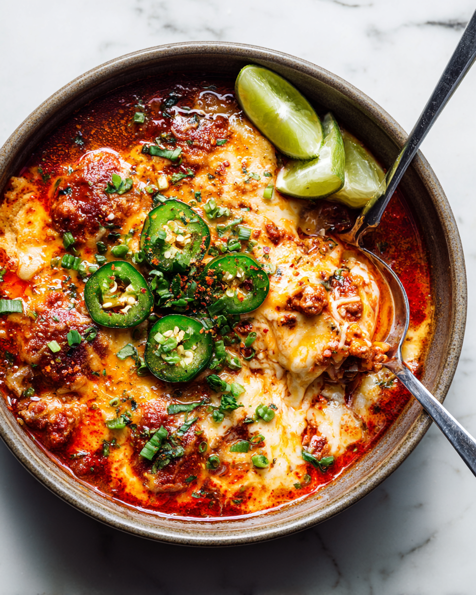 Delicioso chili con jalapeños rellenos, reconfortante y perfecto para compartir en otoño.