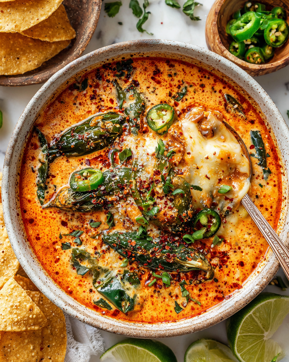 Chili Con Jalapeños Rellenos para el Otoño Delicioso chili con jalapeños rellenos, reconfortante y perfecto para compartir en otoño.