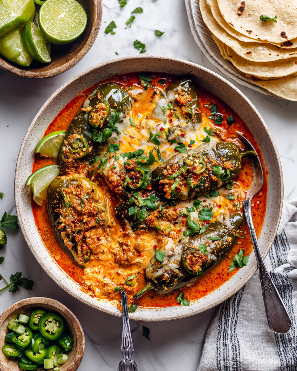 Chili Con Jalapeños Rellenos para el Otoño Delicioso chili con jalapeños rellenos, reconfortante y perfecto para compartir en otoño.