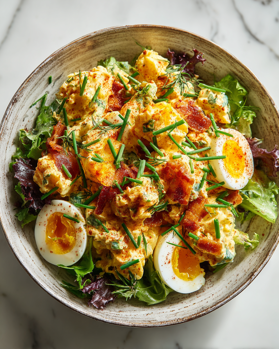 Ensaladilla de huevo con tocino cremosa y fácil de preparar, perfecta para picnics y reuniones familiares.