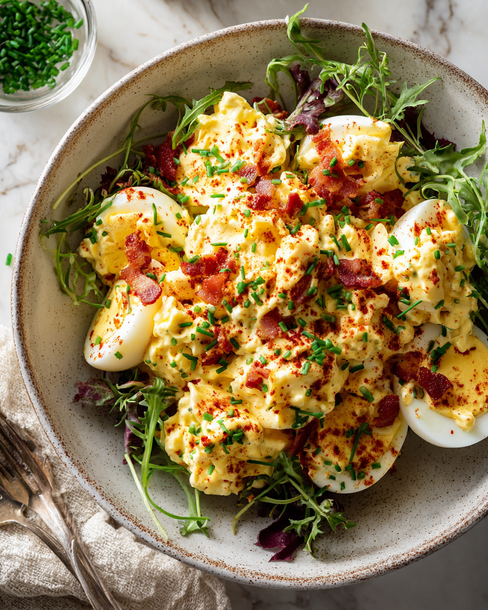 Deliciosa ensaladilla de huevo con tocino Ensaladilla de huevo con tocino cremosa y fácil de preparar, perfecta para picnics y reuniones familiares.