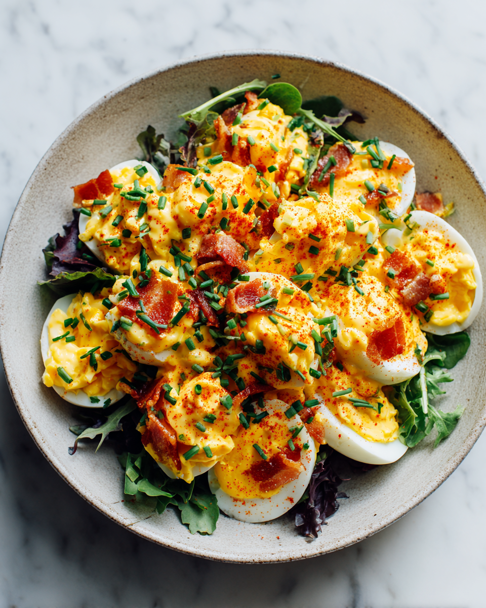 Deliciosa ensaladilla de huevo con tocino Ensaladilla de huevo con tocino cremosa y fácil de preparar, perfecta para picnics y reuniones familiares.