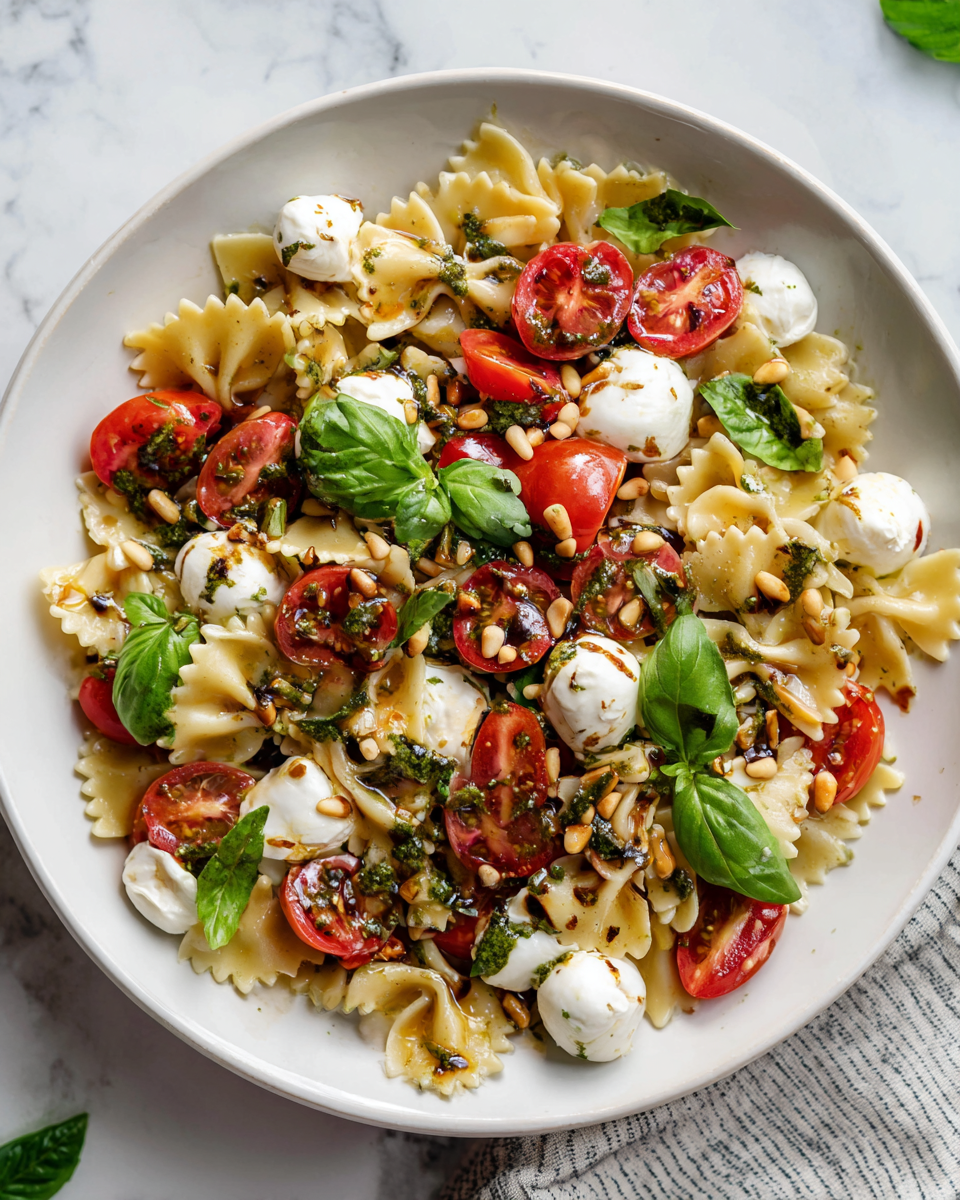 Ensalada de Pasta Caprese fresca y vibrante con pasta, mozzarella y tomates cherry, perfecta para celebraciones primaverales y comidas saludables.