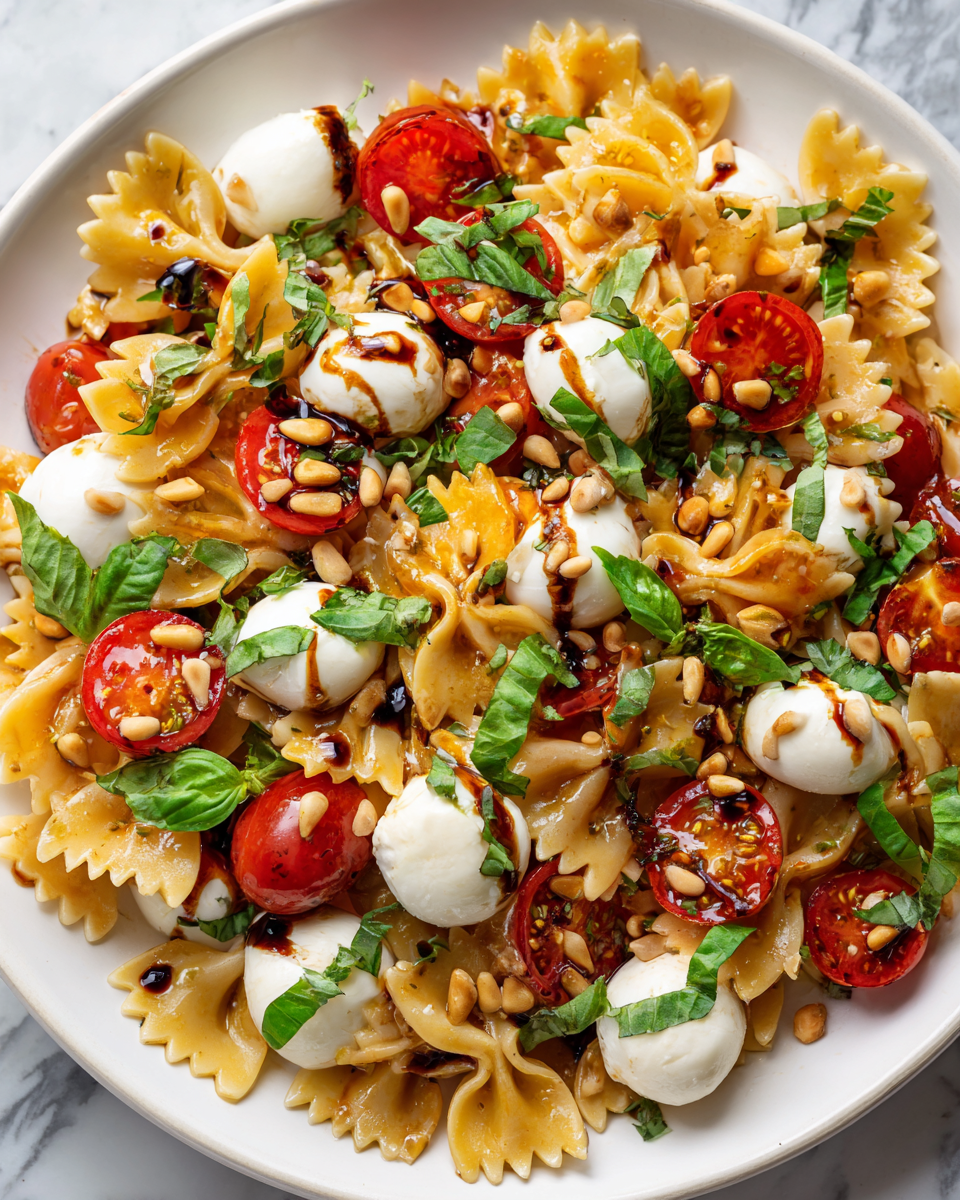 Ensalada de Pasta Caprese fresca y vibrante con pasta, mozzarella y tomates cherry, perfecta para celebraciones primaverales y comidas saludables.