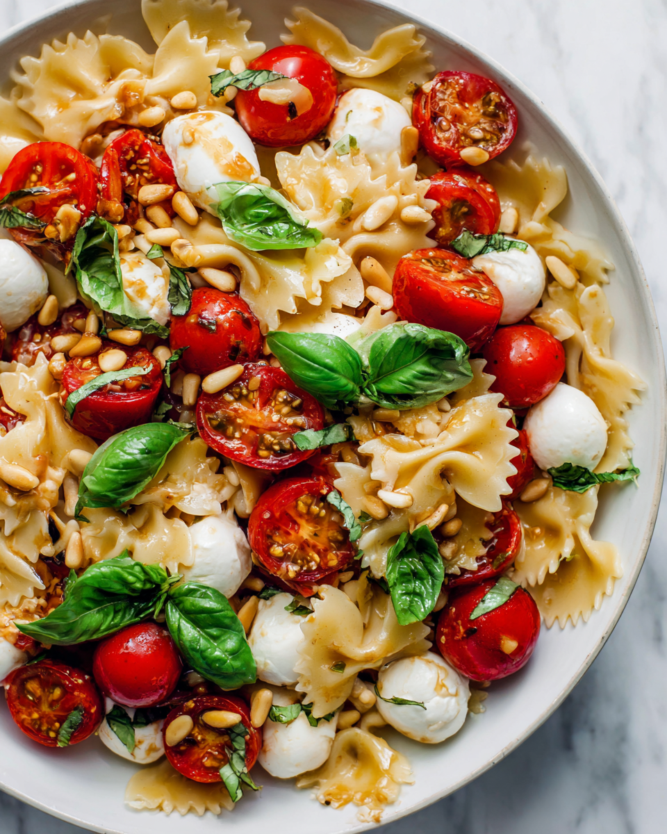 Ensalada de Pasta Caprese fresca y vibrante con pasta, mozzarella y tomates cherry, perfecta para celebraciones primaverales y comidas saludables.