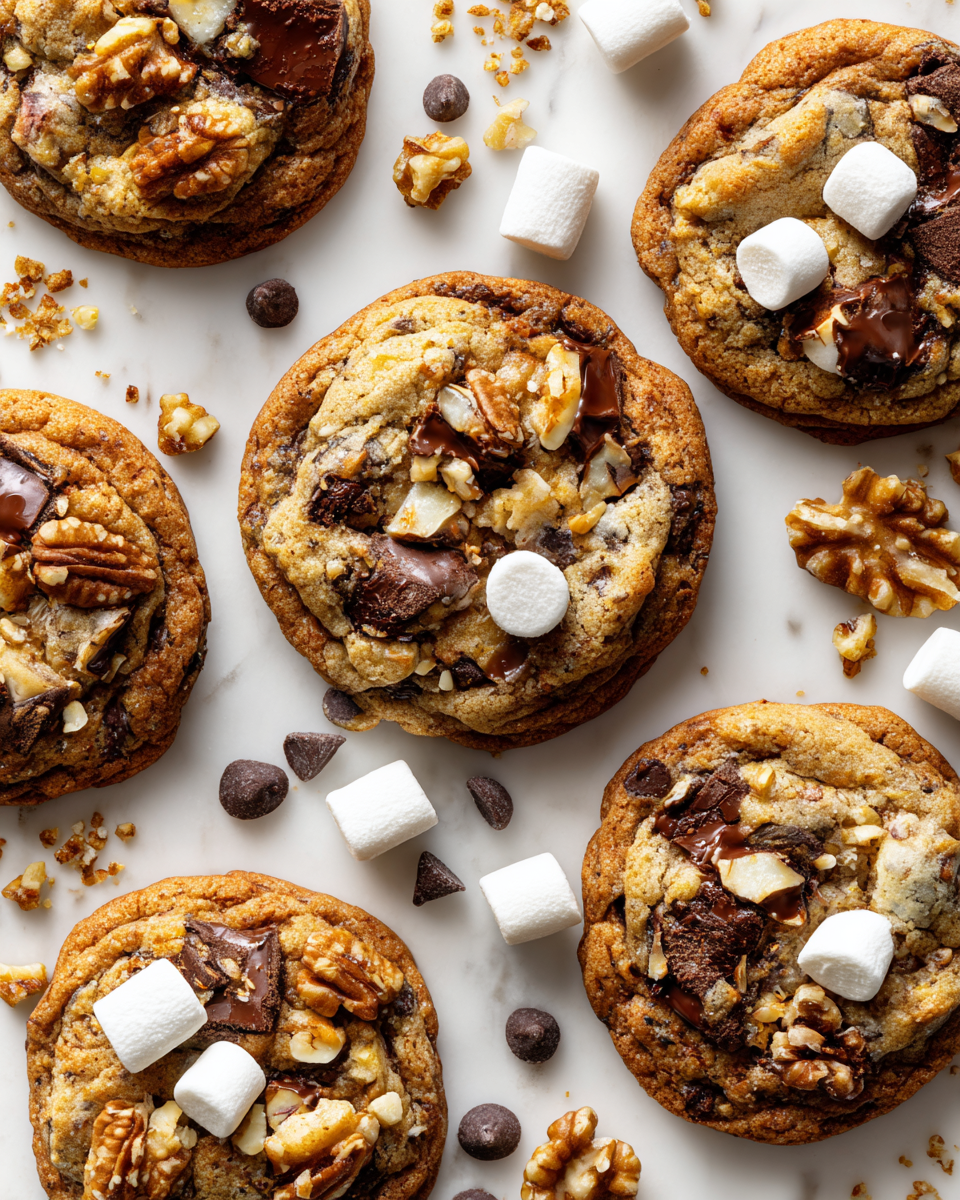 Deliciosas Galletas Rocky Road para el Otoño Galletas Rocky Road con chocolate, nueces y malvaviscos, ideales para compartir en festividades