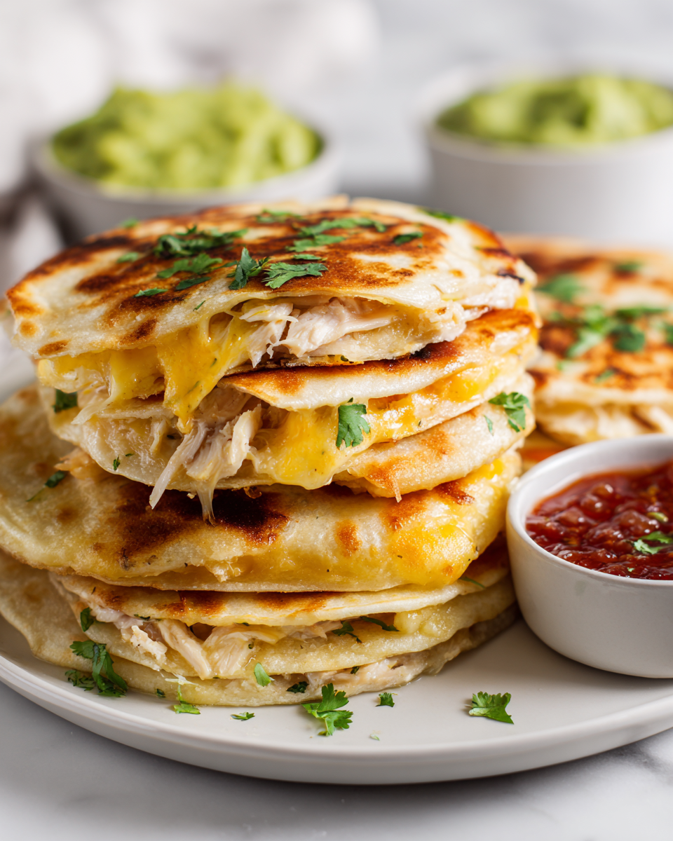 Mini quesadillas de pollo, aperitivo delicioso y fácil de preparar, perfecto para reuniones familiares.