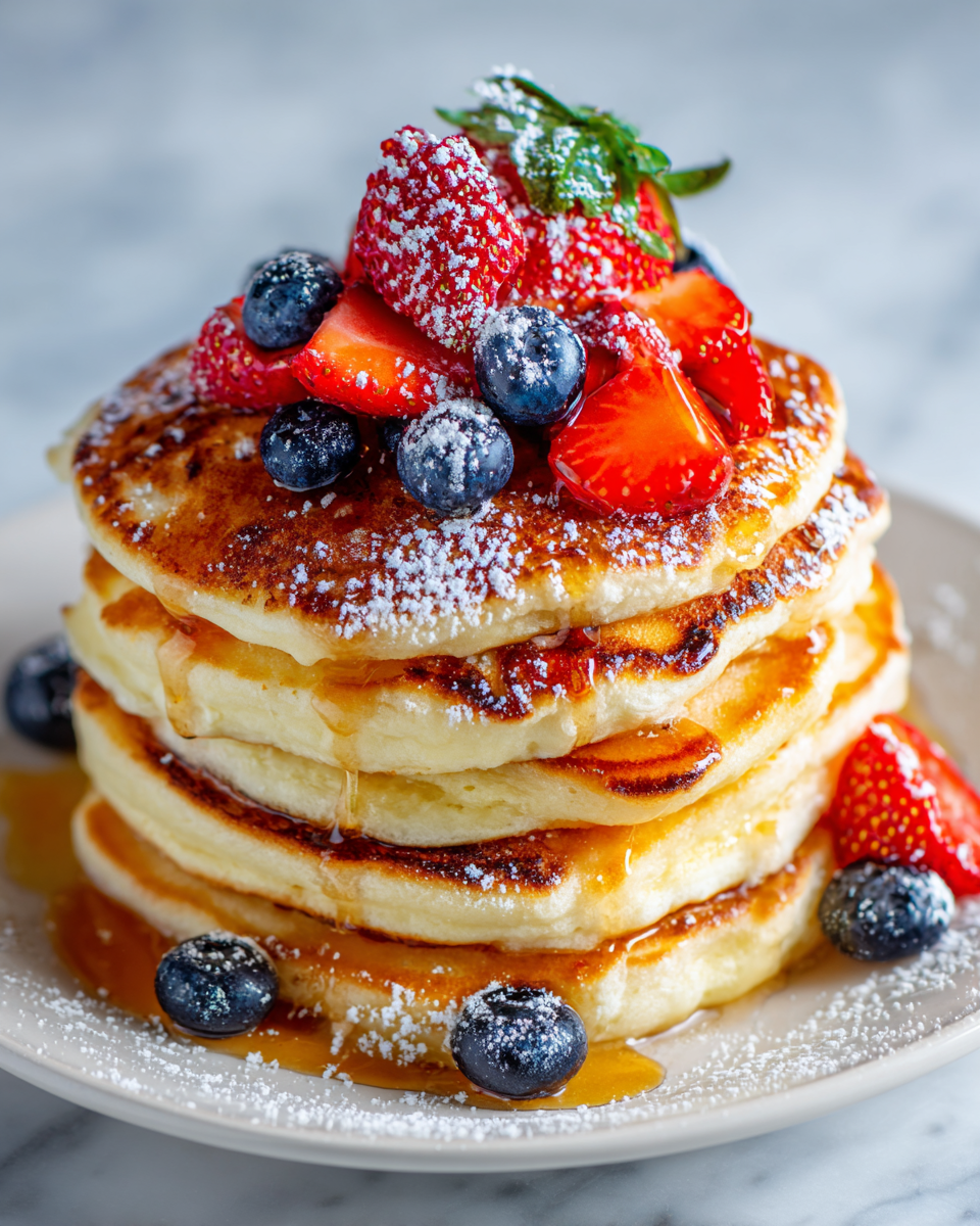 Pancakes japoneses esponjosos apilados con jarabe de arce y frutas frescas, ideales para brunch.