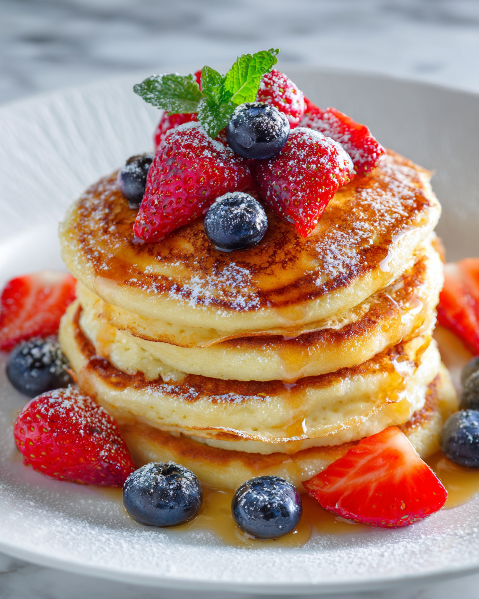 Pancakes japoneses esponjosos apilados con jarabe de arce y frutas frescas, ideales para brunch.