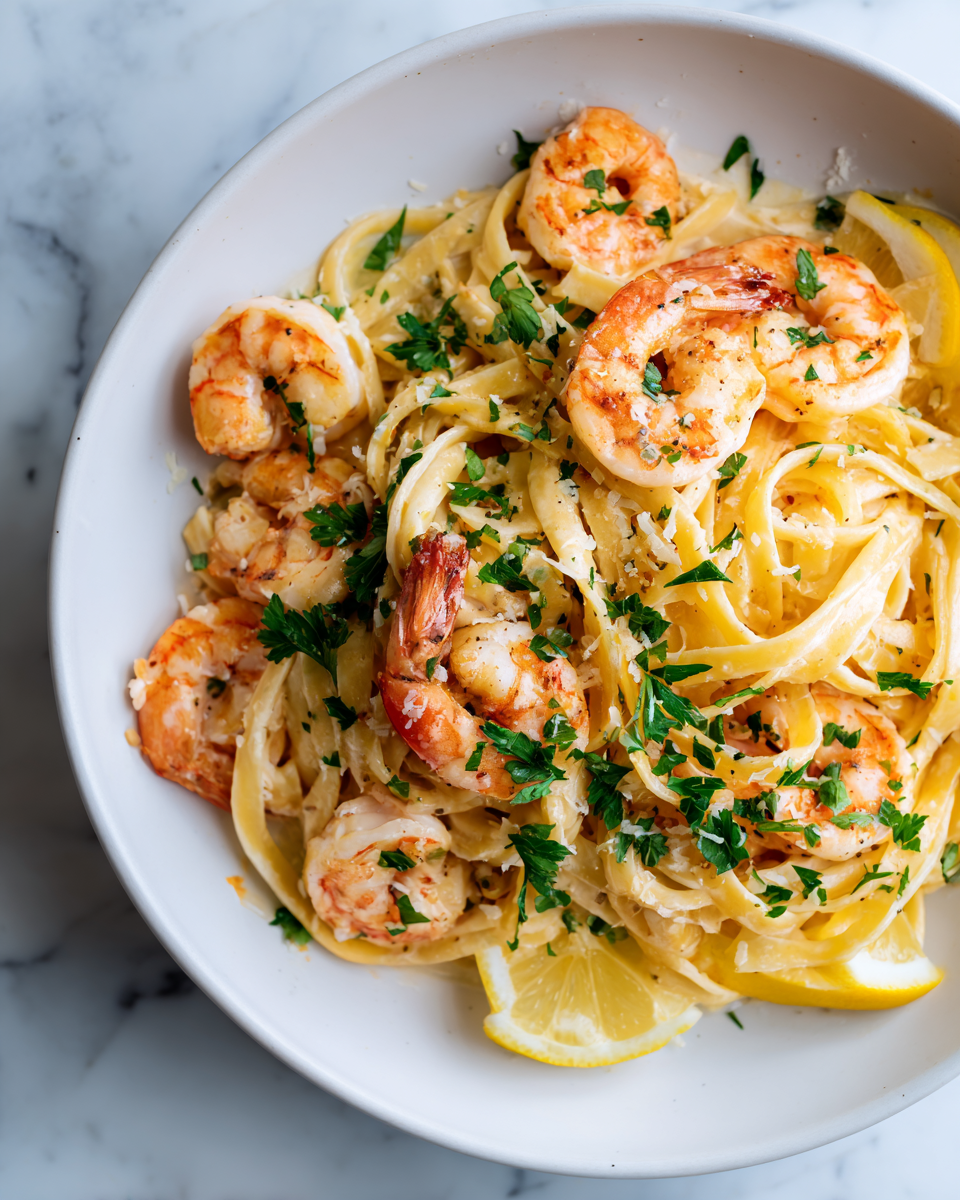 Pasta con Camarones en Salsa Cremosa de Ajo y Parmesano Pasta con camarones en crema de ajo y parmesano, deliciosa y rápida receta de primavera, ideal para compartir en celebraciones.