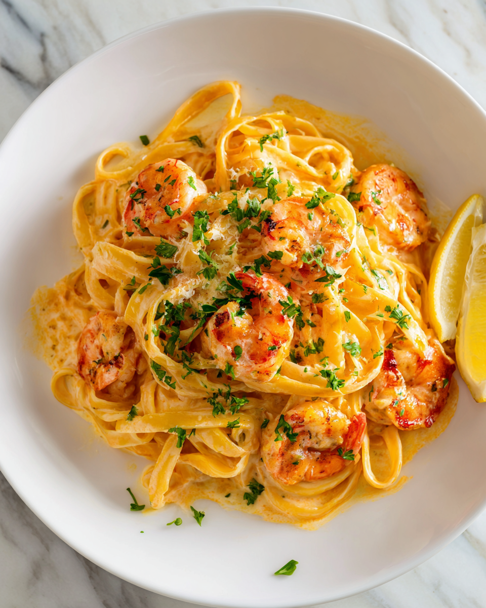 Pasta con Camarones en Salsa Cremosa de Ajo y Parmesano Pasta con camarones en crema de ajo y parmesano, deliciosa y rápida receta de primavera, ideal para compartir en celebraciones.