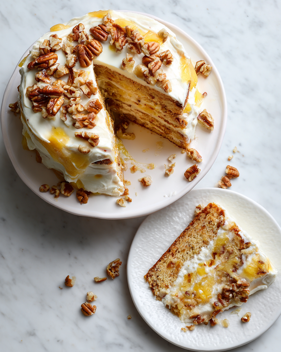 Delicioso Pastel Hummingbird para Celebraciones Pastel Hummingbird decorado con nueces y servido con frutas frescas, ideal para celebraciones de primavera.