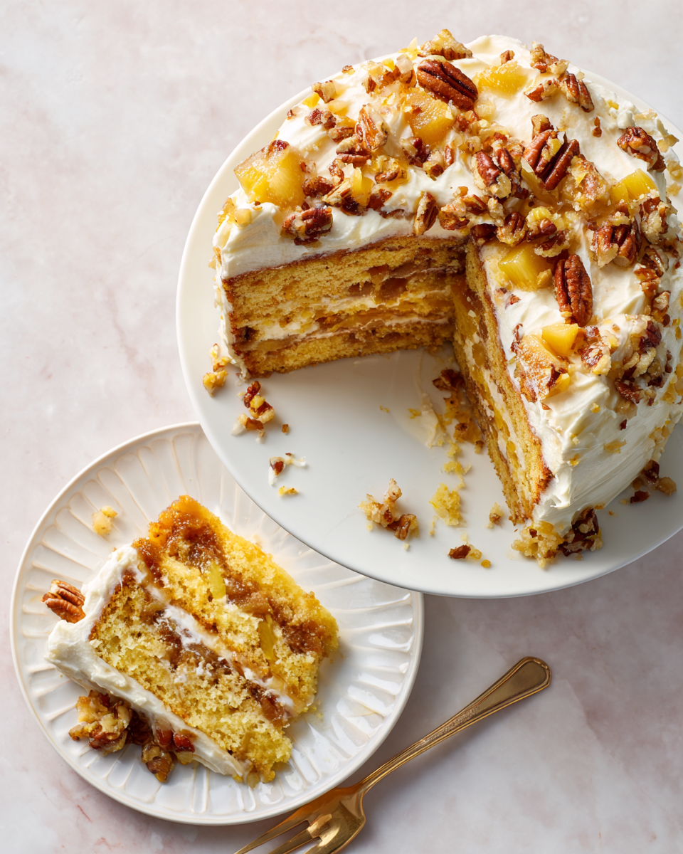 Delicioso Pastel Hummingbird para Celebraciones Pastel Hummingbird decorado con nueces y servido con frutas frescas, ideal para celebraciones de primavera.