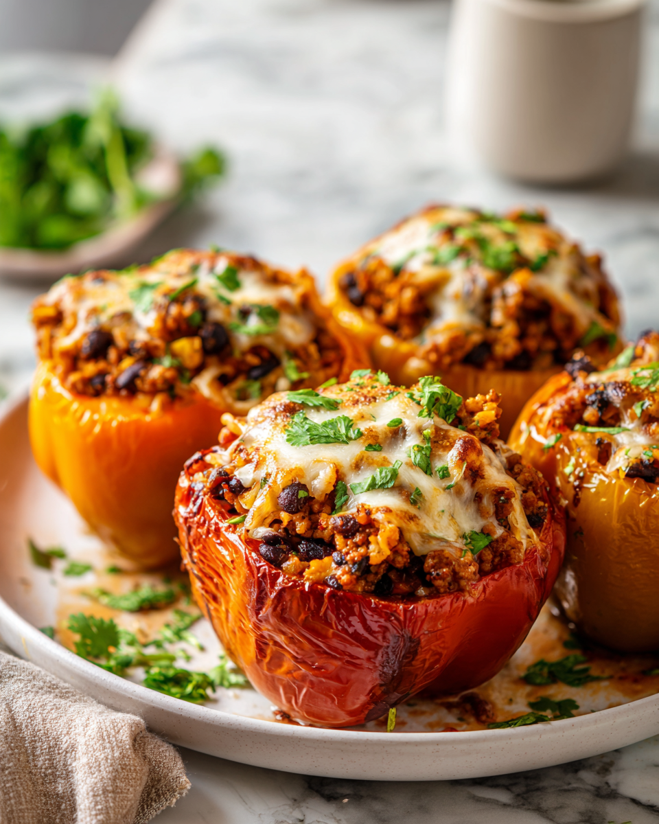 Pimientos rellenos coloridos y sabrosos, ideales para el otoño y festividades, listos para compartir y disfrutar.