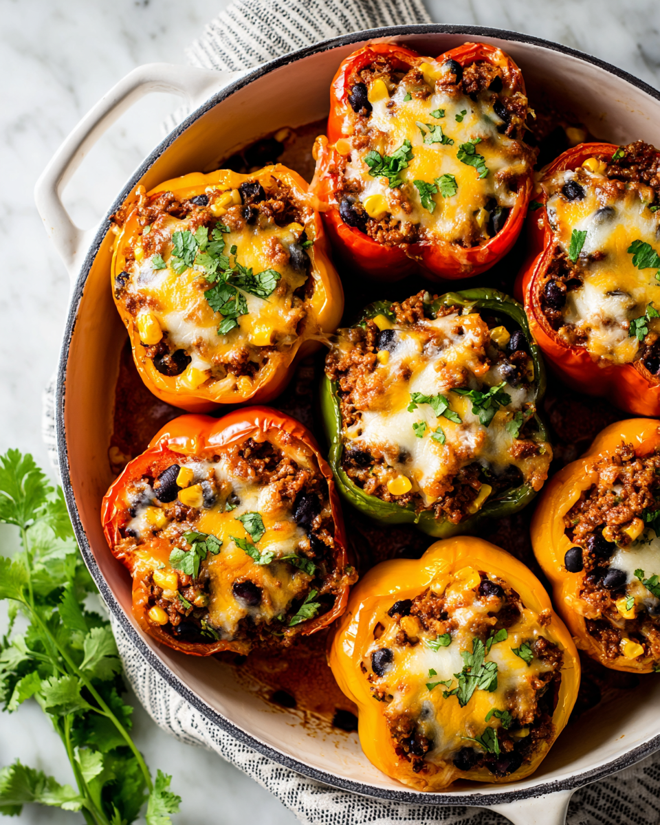 Deliciosos Pimientos Rellenos para Otoño Pimientos rellenos coloridos y sabrosos, ideales para el otoño y festividades, listos para compartir y disfrutar.