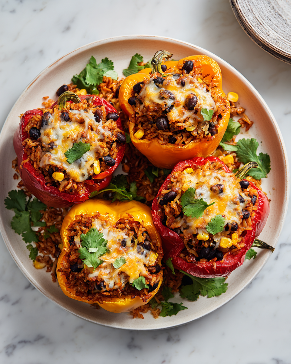 Deliciosos Pimientos Rellenos para Otoño Pimientos rellenos coloridos y sabrosos, ideales para el otoño y festividades, listos para compartir y disfrutar.