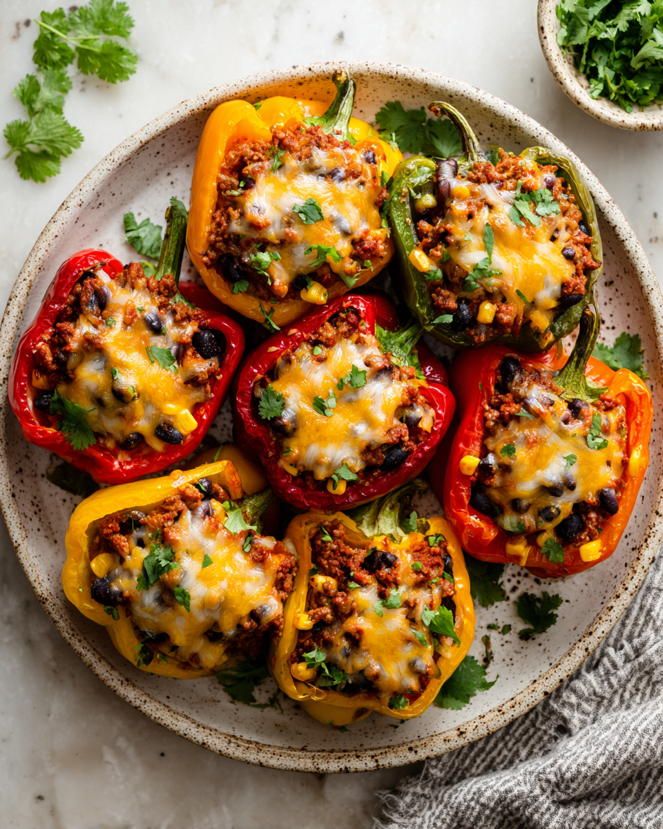 Deliciosos Pimientos Rellenos para Otoño Pimientos rellenos coloridos y sabrosos, ideales para el otoño y festividades, listos para compartir y disfrutar.