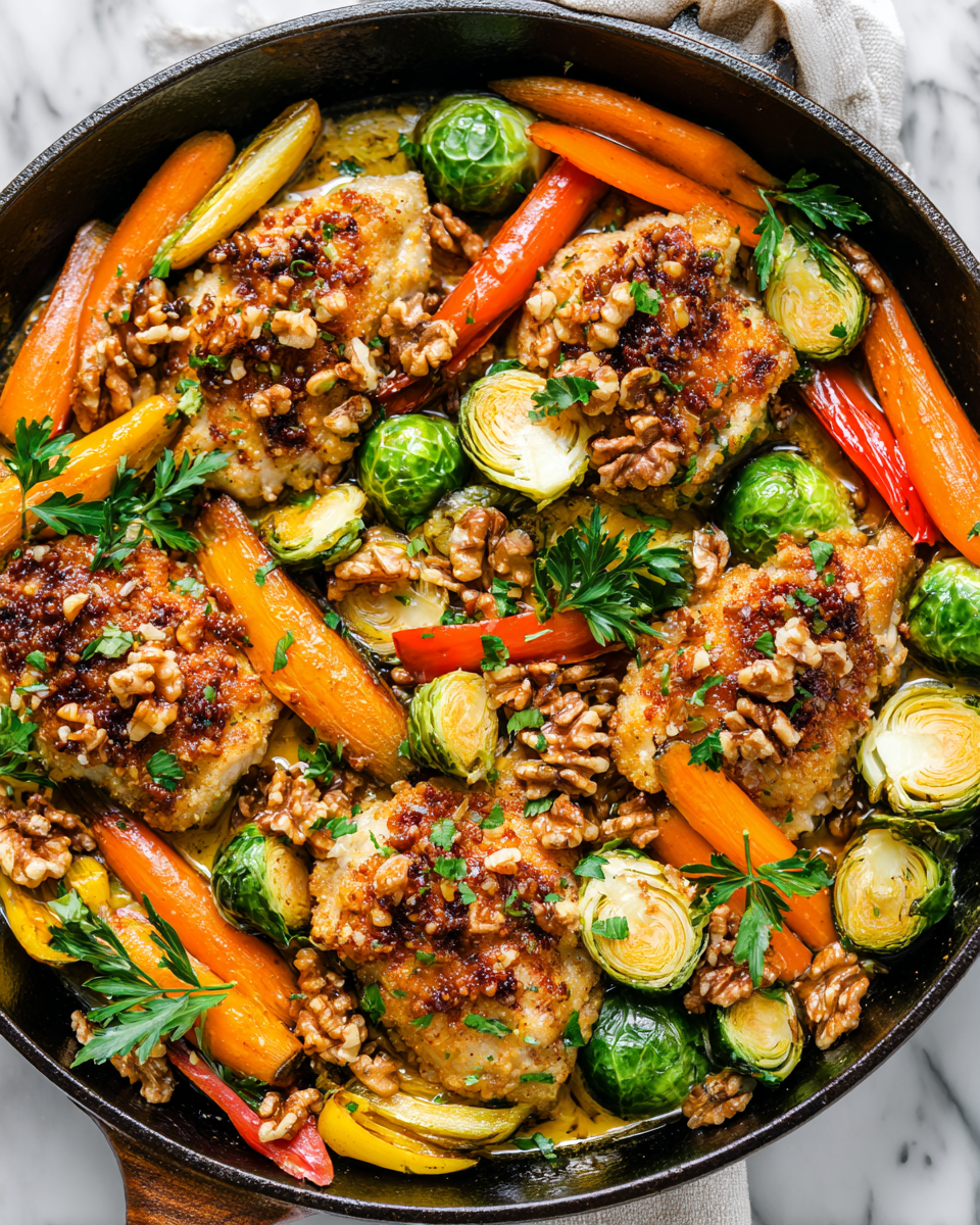 Pollo Crujiente de Nueces con Verduras para Reuniones Familiares Receta de pollo crujiente de nueces con verduras, ideal para cenas familiares en otoño, fácil de preparar y delicioso.