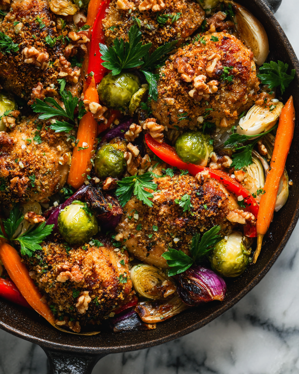 Pollo Crujiente de Nueces con Verduras para Reuniones Familiares Receta de pollo crujiente de nueces con verduras, ideal para cenas familiares en otoño, fácil de preparar y delicioso.