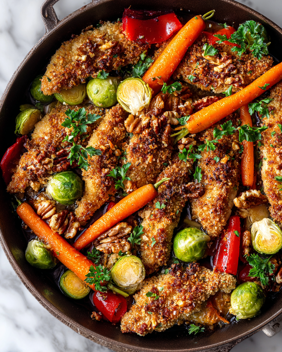 Pollo Crujiente de Nueces con Verduras para Reuniones Familiares Receta de pollo crujiente de nueces con verduras, ideal para cenas familiares en otoño, fácil de preparar y delicioso.