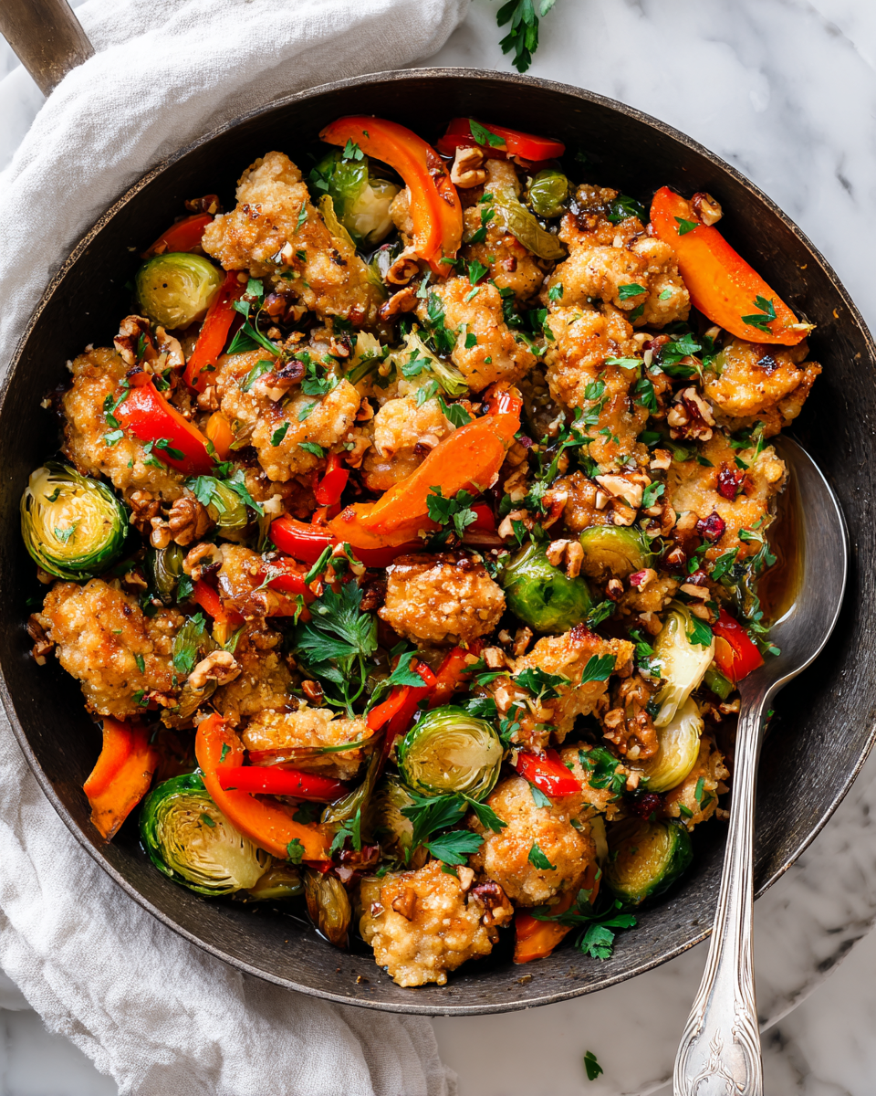 Pollo Crujiente de Nueces con Verduras para Reuniones Familiares Receta de pollo crujiente de nueces con verduras, ideal para cenas familiares en otoño, fácil de preparar y delicioso.