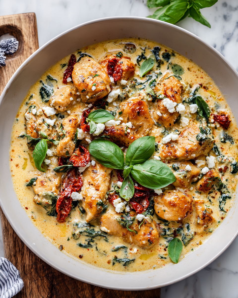 Pollo Mediterráneo Cremoso con espinacas y feta, ideal para cenas festivas.