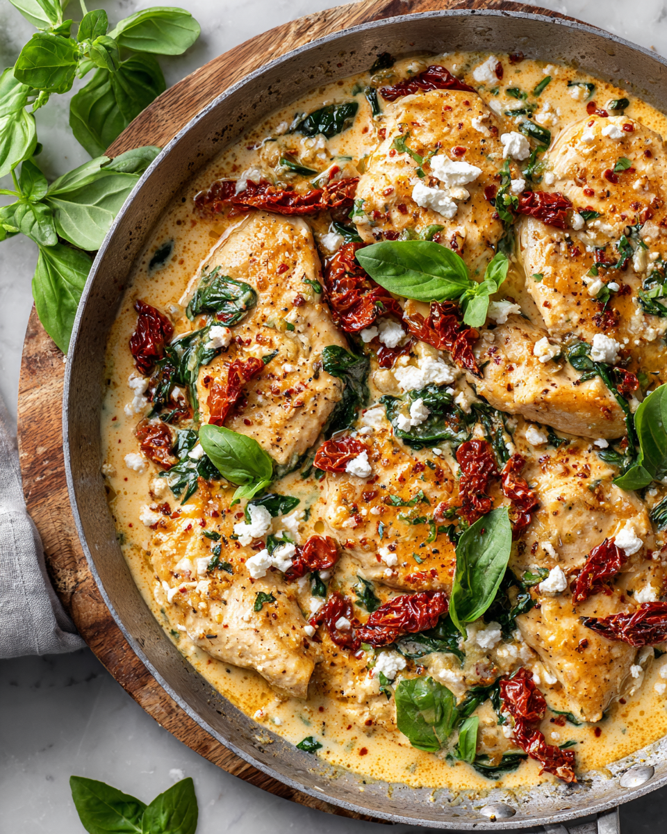 Pollo Mediterráneo Cremoso con espinacas y feta, ideal para cenas festivas.