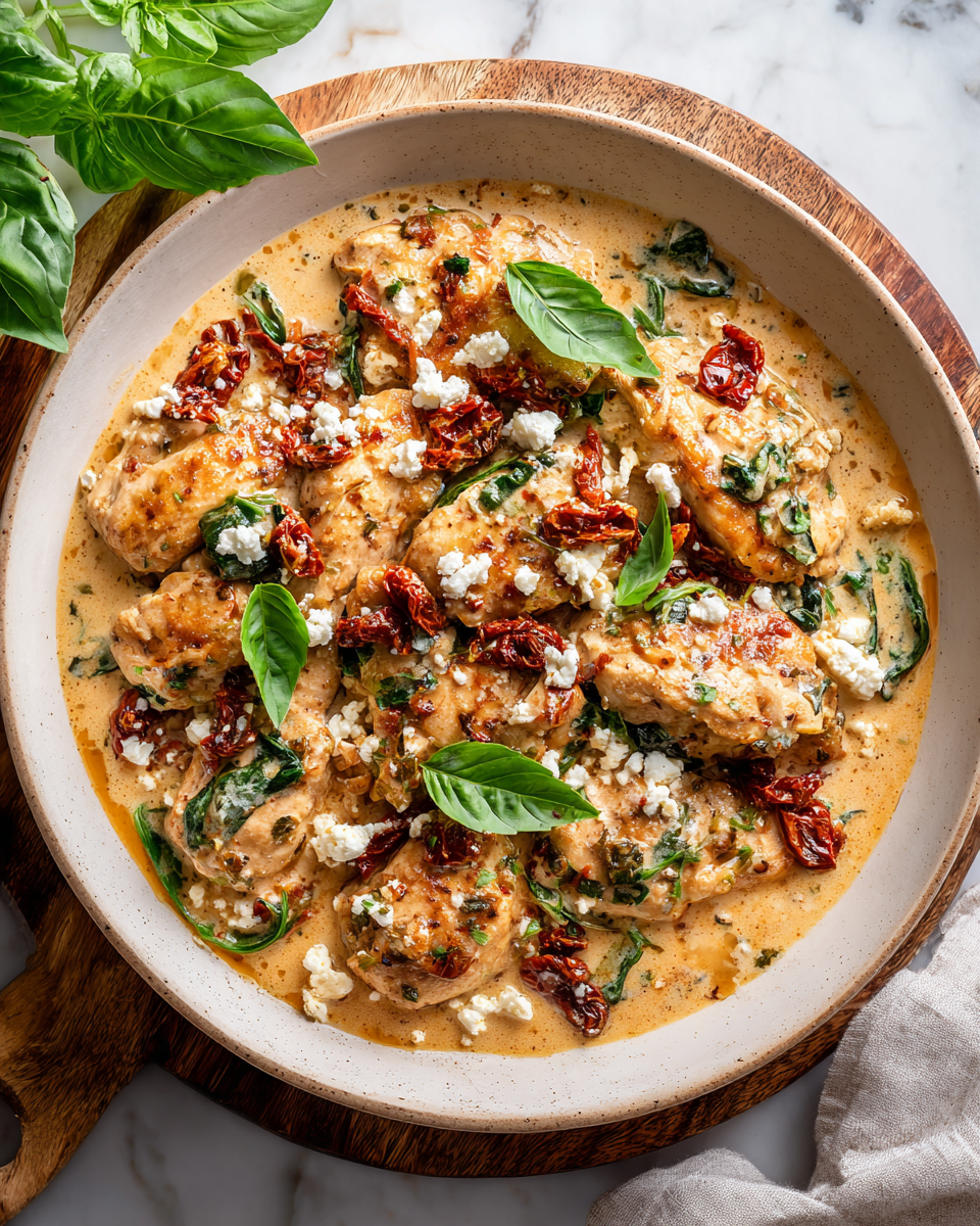 Pollo Mediterráneo Cremoso con espinacas y feta, ideal para cenas festivas.