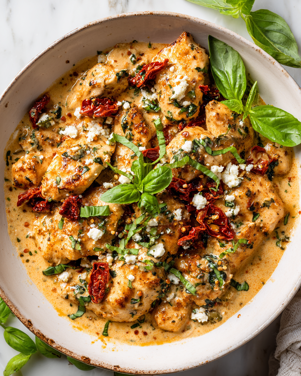 Pollo Mediterráneo Cremoso con espinacas y feta, ideal para cenas festivas.