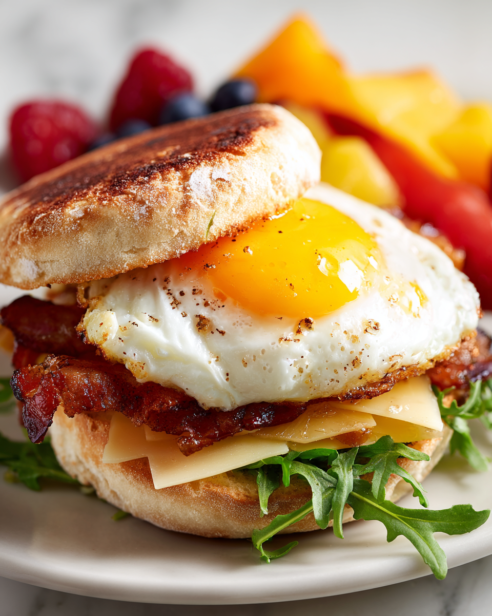 Delicioso Sándwich de Desayuno Egg McMuffin Sándwich de desayuno Egg McMuffin con panceta y queso Manchego, preparado en 30 minutos, ideal para energizar tus celebraciones.
