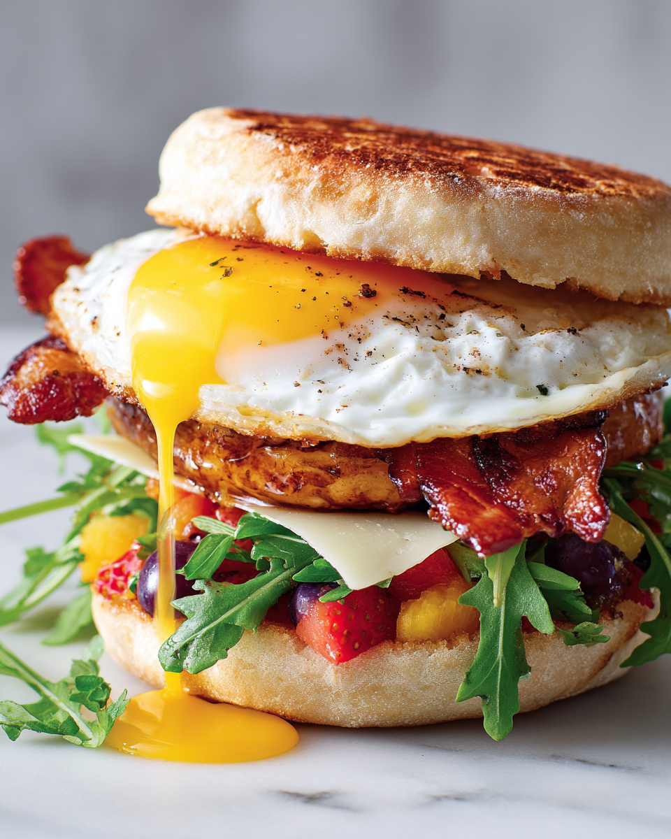 Delicioso Sándwich de Desayuno Egg McMuffin Sándwich de desayuno Egg McMuffin con panceta y queso Manchego, preparado en 30 minutos, ideal para energizar tus celebraciones.