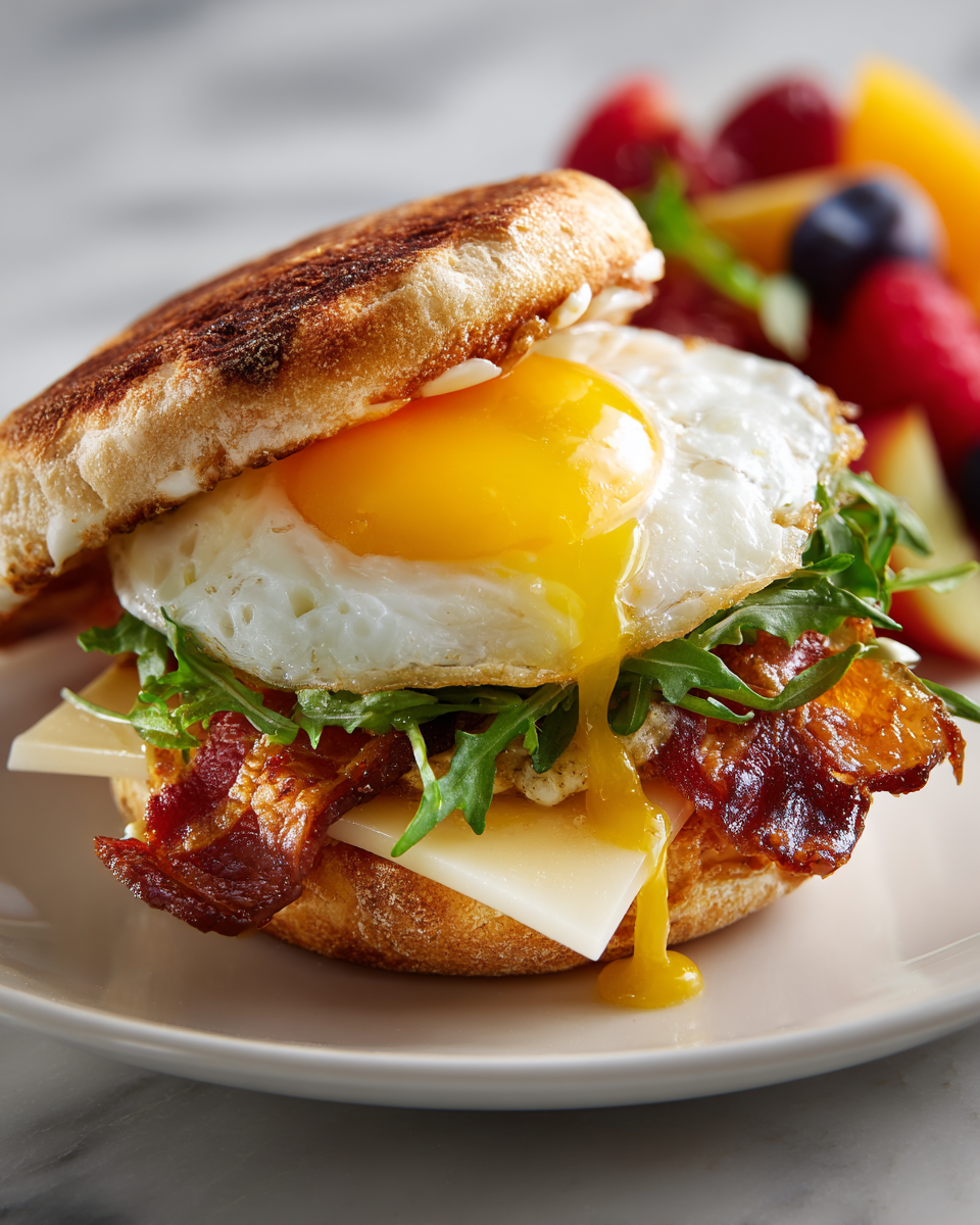 Delicioso Sándwich de Desayuno Egg McMuffin Sándwich de desayuno Egg McMuffin con panceta y queso Manchego, preparado en 30 minutos, ideal para energizar tus celebraciones.