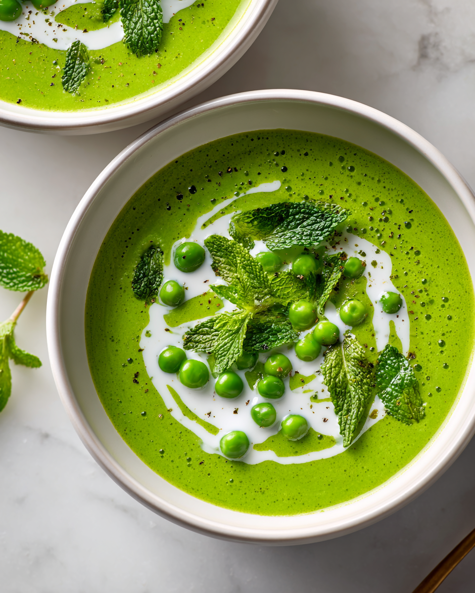 Sopa Refrescante de Guisantes con Menta Sopa de guisantes con menta fresca, ideal para primavera
