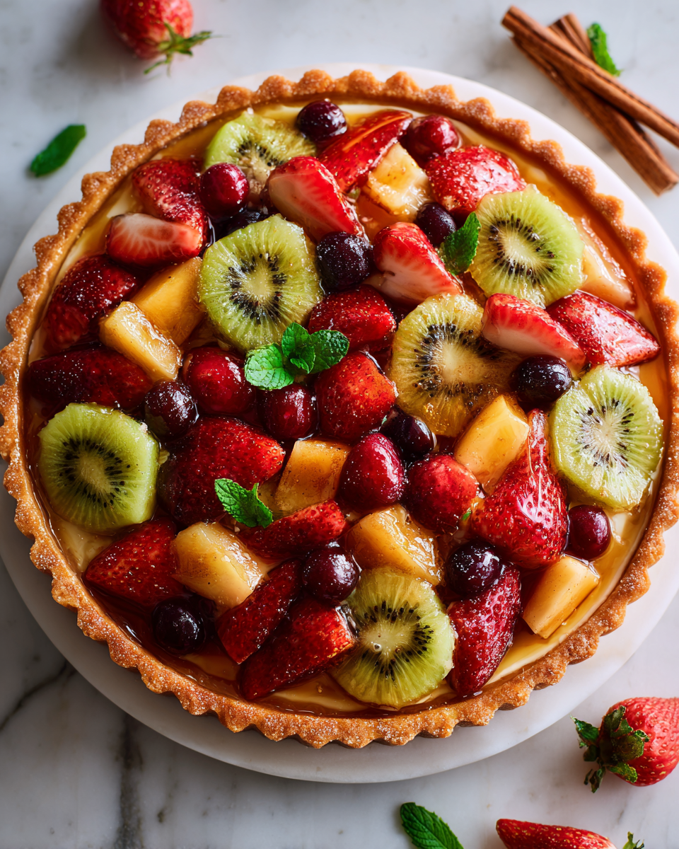 Deliciosa tarta de frutas de otoño con crema y frutas frescas, ideal para celebraciones familiares y reuniones.