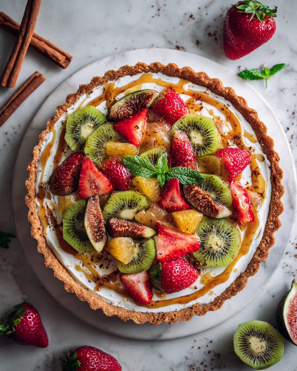 Deliciosa tarta de frutas de otoño con crema y frutas frescas, ideal para celebraciones familiares y reuniones.