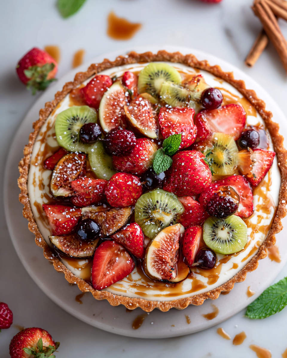Deliciosa tarta de frutas de otoño con crema y frutas frescas, ideal para celebraciones familiares y reuniones.
