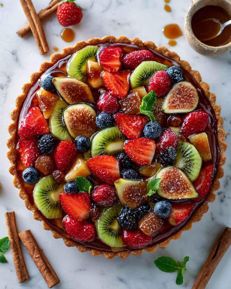 Deliciosa tarta de frutas de otoño con crema y frutas frescas, ideal para celebraciones familiares y reuniones.