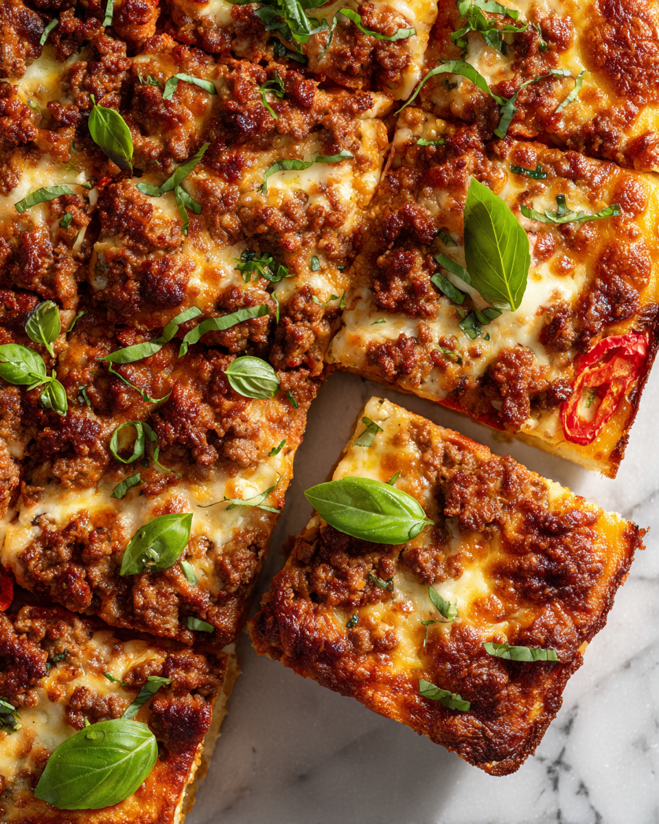 Tarta de pizza de carne, un platillo reconfortante y perfecto para compartir en reuniones familiares.