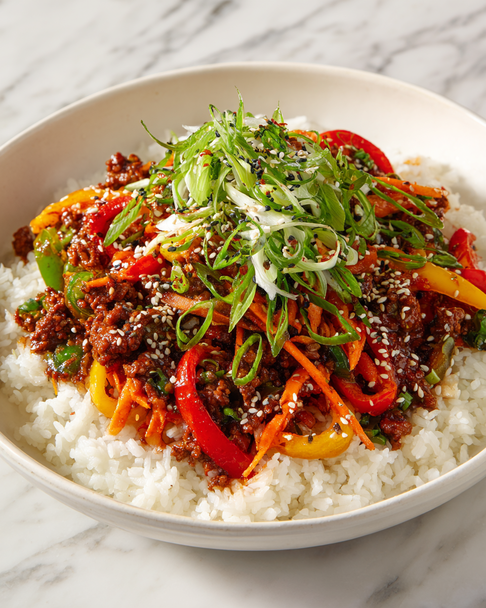 Tazones de Carne Picante Coreana servidos sobre arroz jazmín con vegetales frescos y guarnición de cebollas verdes.