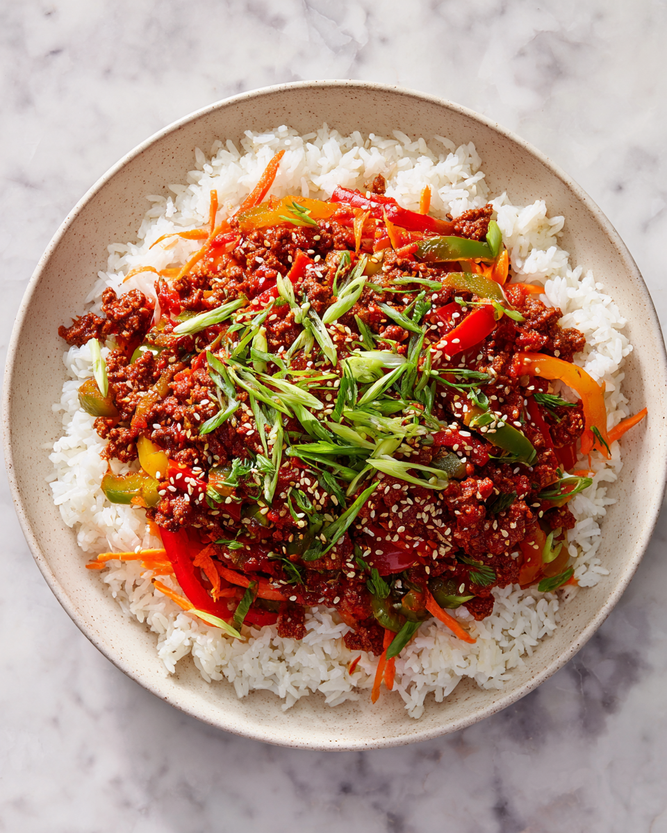 Tazones de Carne Picante Coreana servidos sobre arroz jazmín con vegetales frescos y guarnición de cebollas verdes.