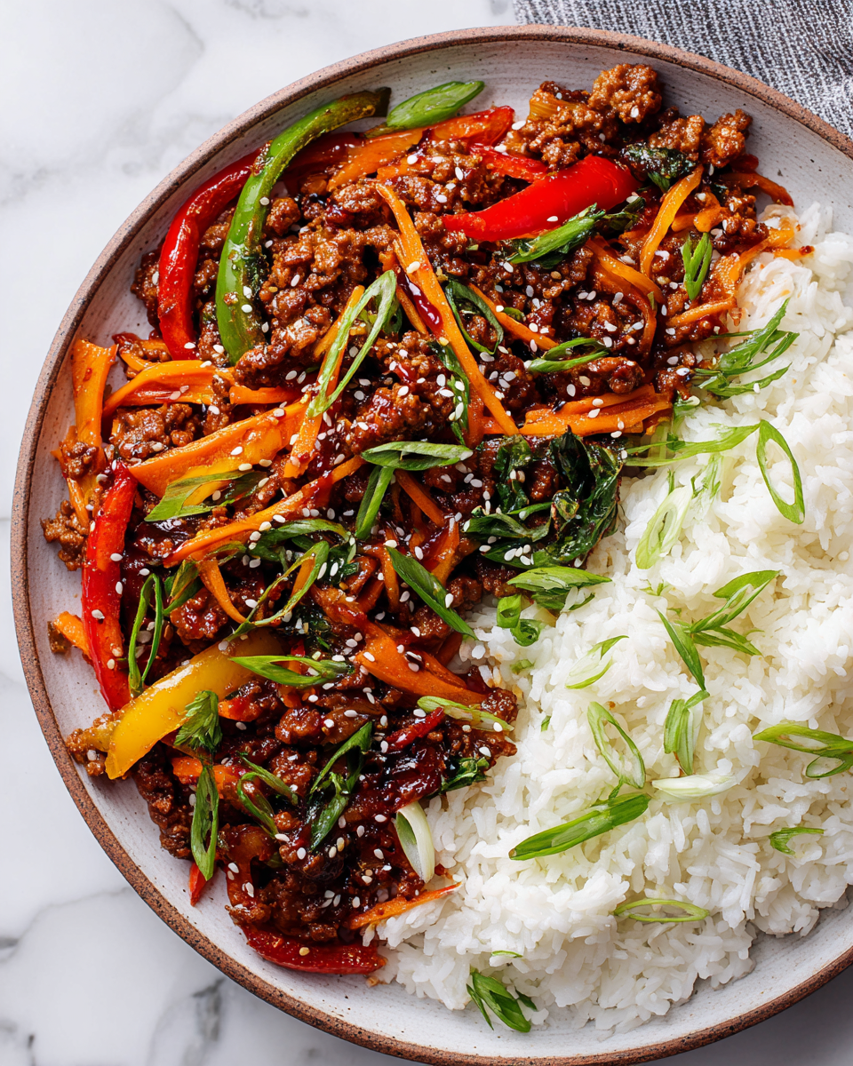 Tazones de Carne Picante Coreana servidos sobre arroz jazmín con vegetales frescos y guarnición de cebollas verdes.