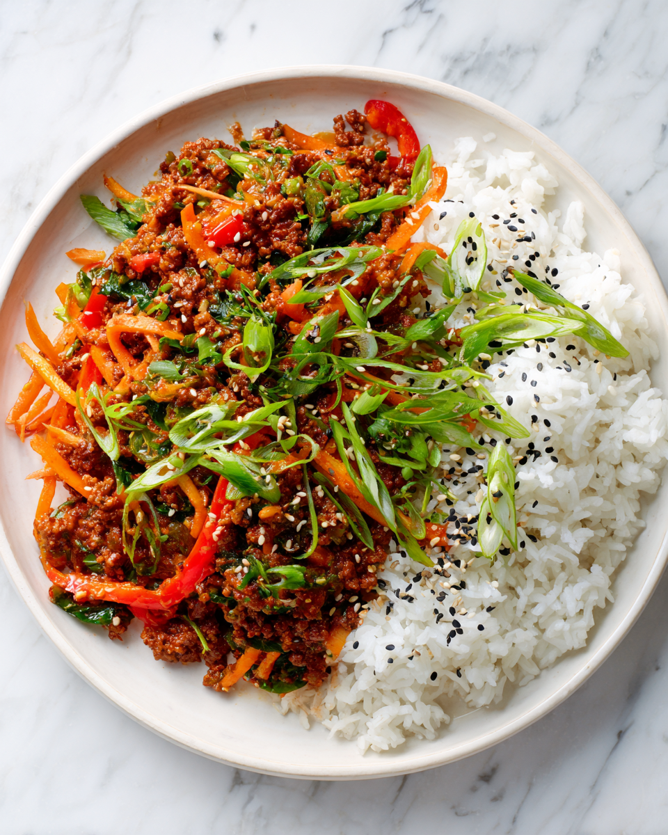 Tazones de Carne Picante Coreana servidos sobre arroz jazmín con vegetales frescos y guarnición de cebollas verdes.