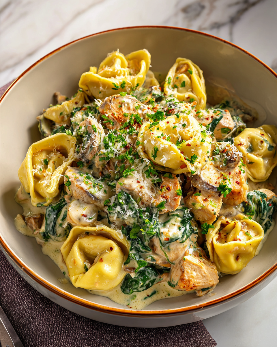 Disfruta de Tortellini Cremoso con Pollo y Parmesano Tortellini de pollo con parmesano, receta fácil y rápida en olla, ideal para cenas acogedoras de otoño