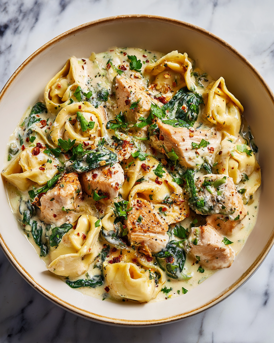 Disfruta de Tortellini Cremoso con Pollo y Parmesano Tortellini de pollo con parmesano, receta fácil y rápida en olla, ideal para cenas acogedoras de otoño
